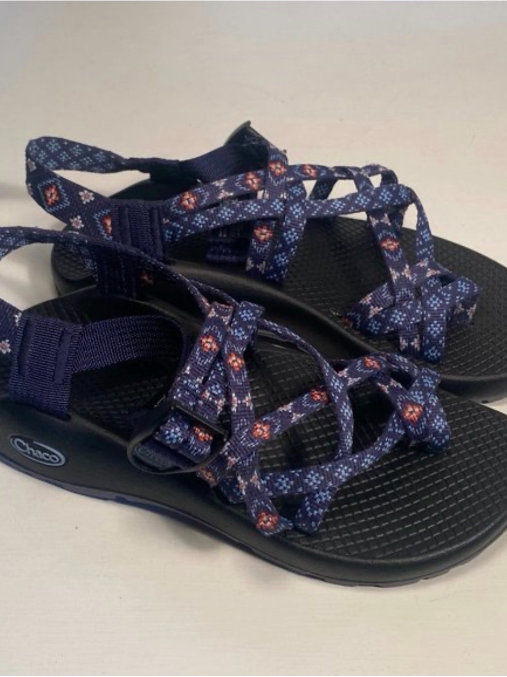 Chaco Women's Navy Patterned Strap Sandals with Black Footbed